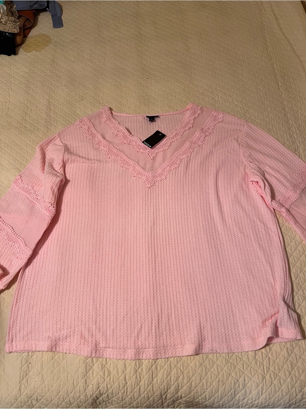 torrid Light Pink V‑Neck Lace Trim Long Sleeve Knit Top